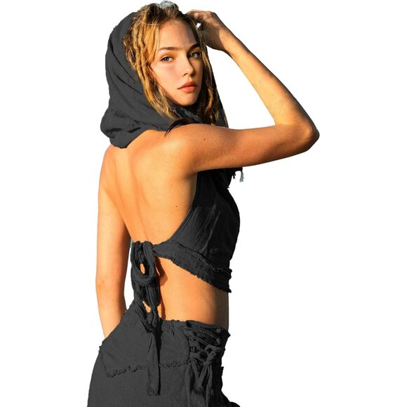 ⚡Women's Black Crop Tank Boho Open Back Cross Wrap Swim Cover Up Top - Picture 4 of 7